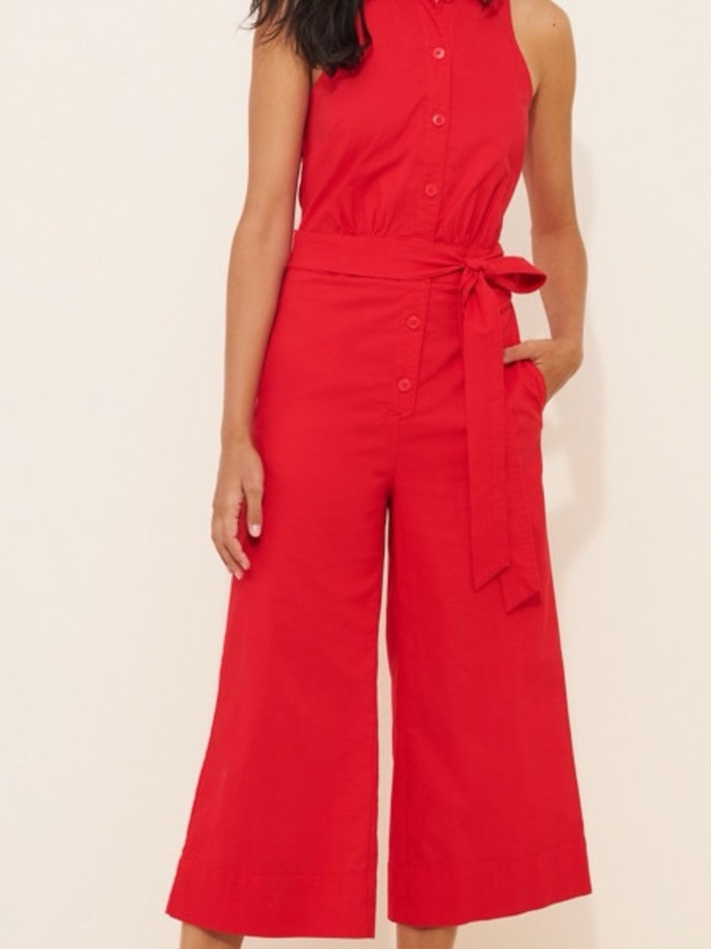 Maeve Bright Red Sleeveless‎ Button-Front Cropped Jumpsuit Size 8 Petite